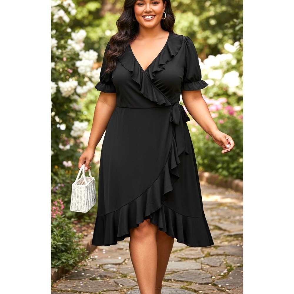 BY Design Viola Black Ruffle V-Neck Wrap Dress Plus Size 2X NWT L01447WD